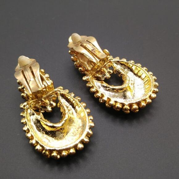 Vintage Brutalist Style Dangle Clip Earrings, Gold Tone, 1 3/4 Inches - Picture 2 of 8